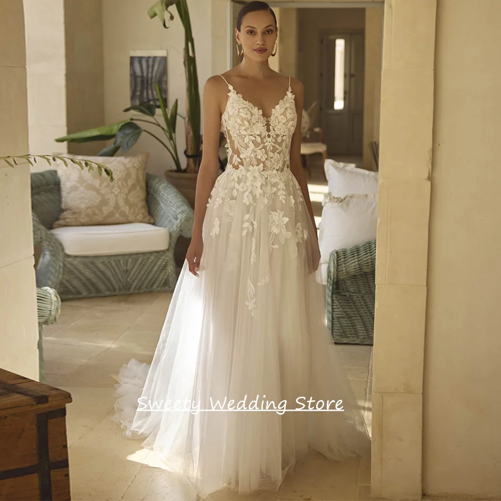 

Wedding Dress Vestido De Noiva Customized Sexy Spaghetti Straps V Neck Applique Sweep Train Soft Tulle Bridal Gowns