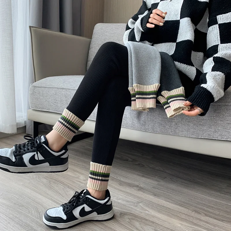 Geribbelde legging dames hoge taille slanke thermische slijtage legging seizoen wollen broek voor herfst winter mode gestreepte warme broek