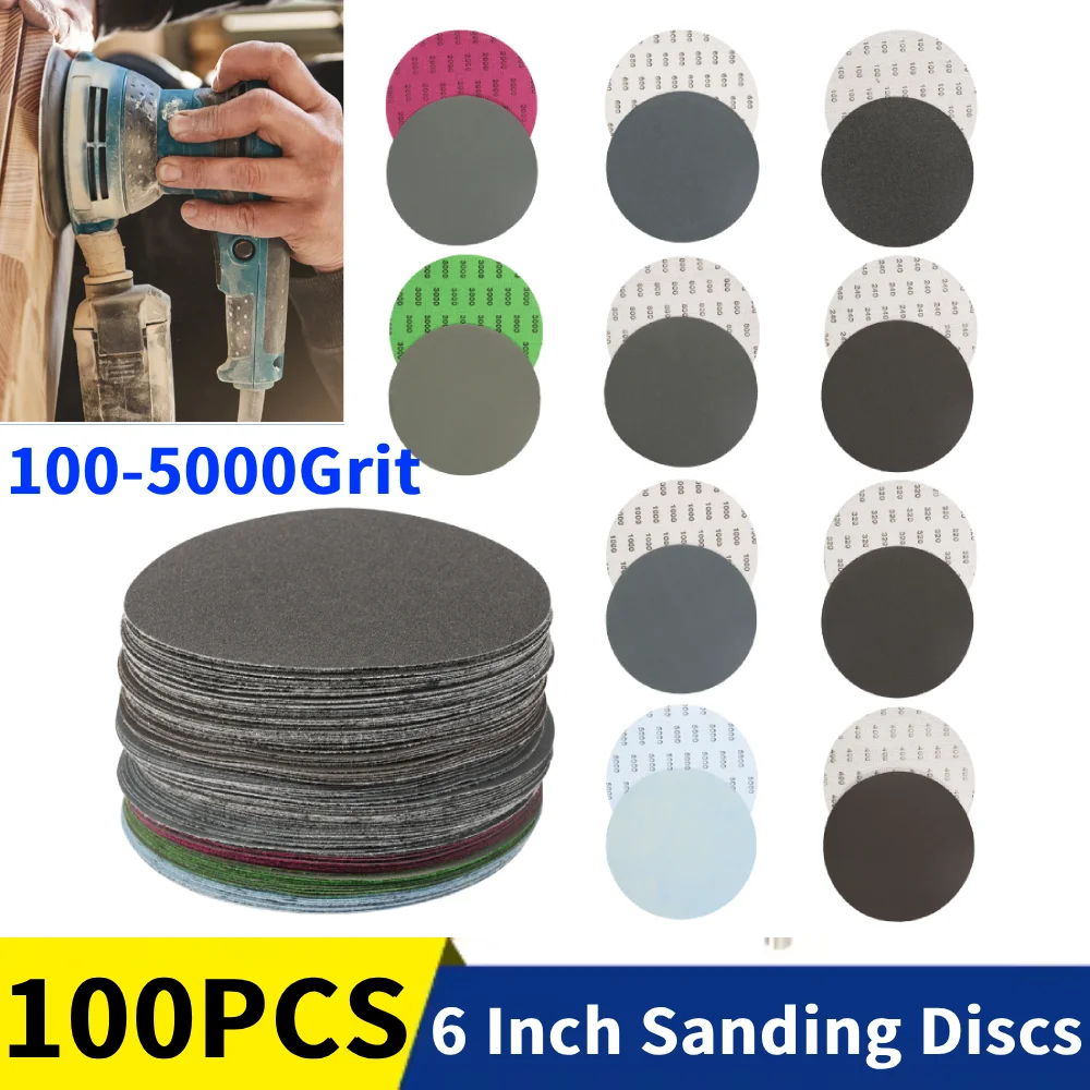 

100 шт. шлифовальные диски, 6-дюймовые крючки и петли, зернистость 100-5000, износостойкая наждачная бумага для произвольной орбитальной шлифовальной машины, полировка изделий из дерева