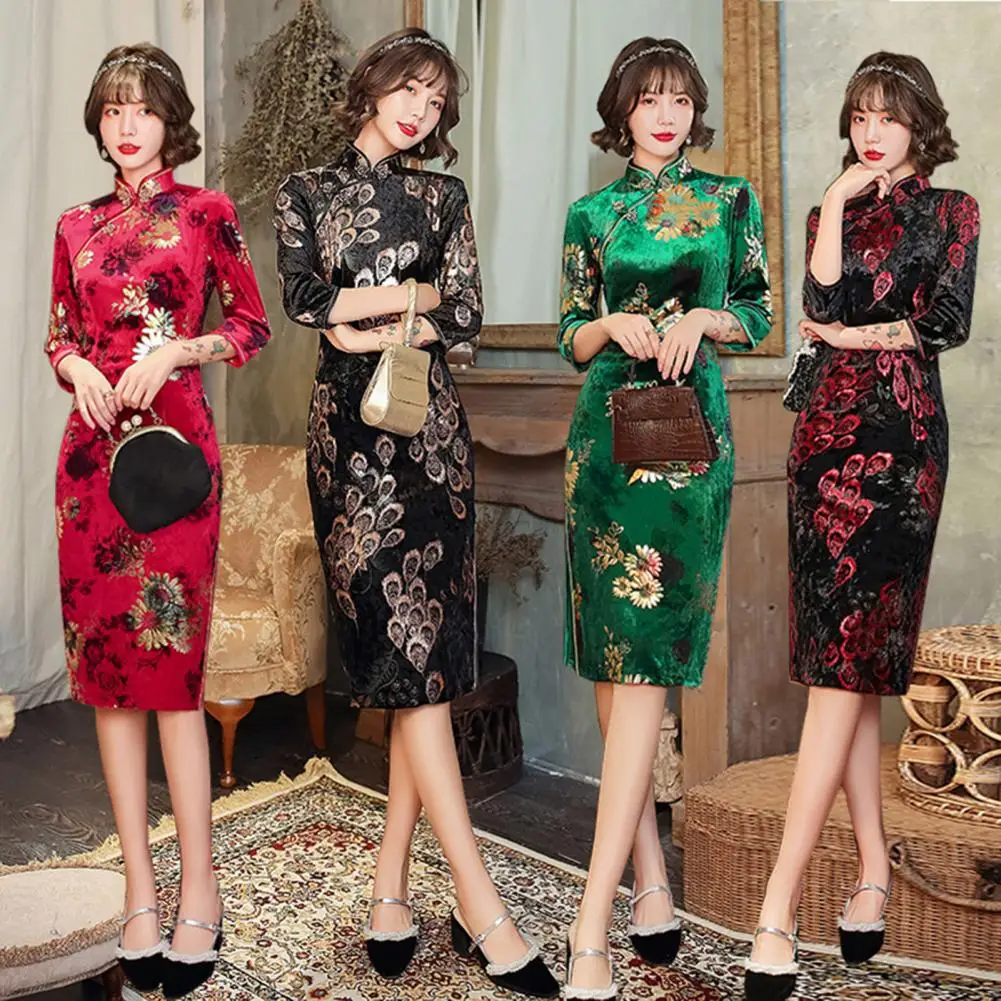 

Traditional Flower Print Women Qipao Chinese Style Stand Collar Lady Cheongsam Three Quarter Sleeves Lady Party Dress