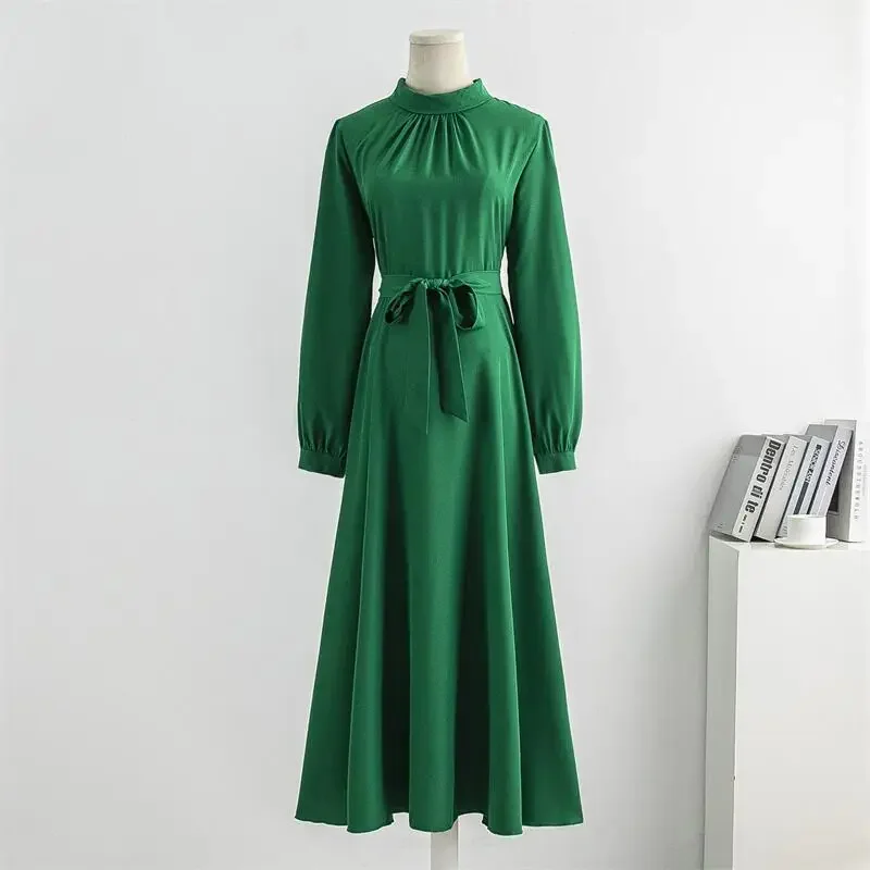 Spring Autumn Long Dresses Plus Size Female Vintage Full Sleeve Solid A-line Chiffon Dress Women Maxi Dresses Muslim Dress