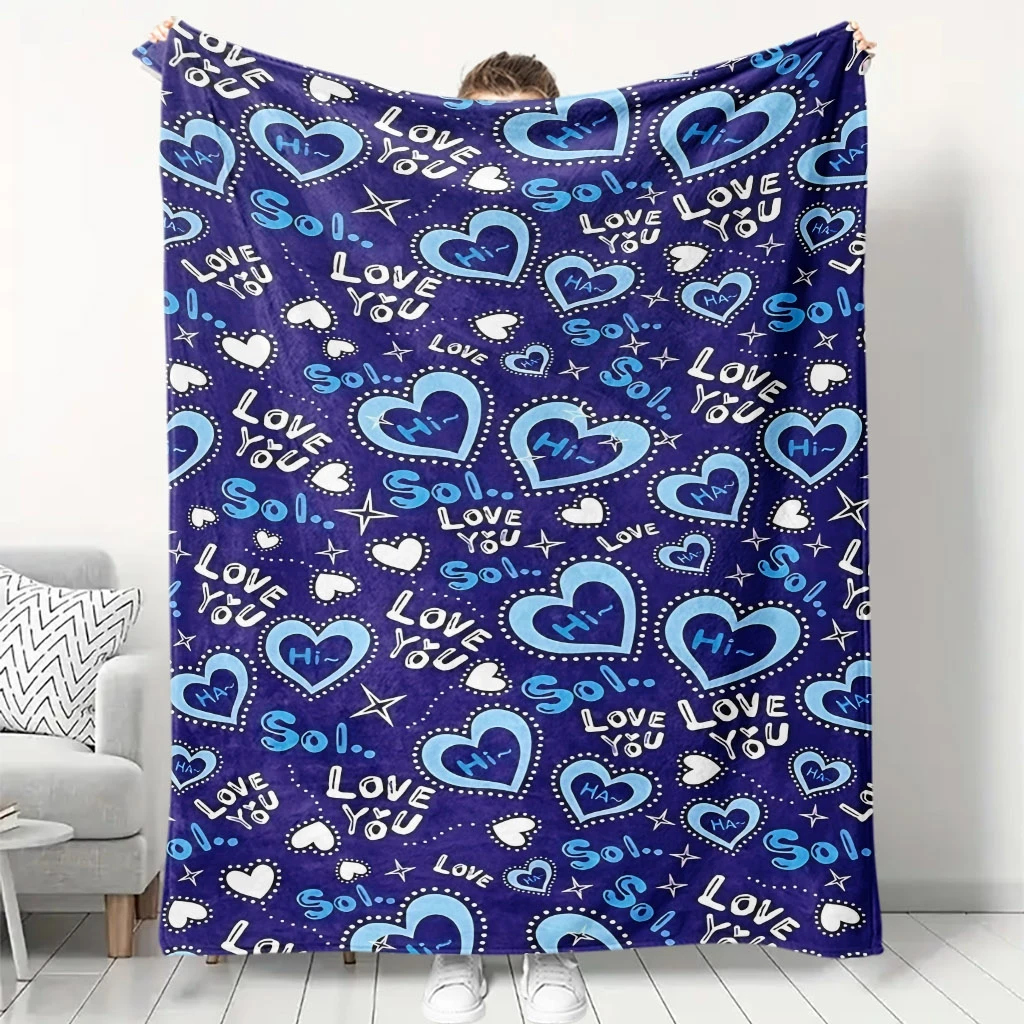 Hand Drawn Blue White Heart Love Slogan Star Repeat Purple Blanket, Warm Cozy Blanket, Sweet Decor Gift For Bedroom Rest Use