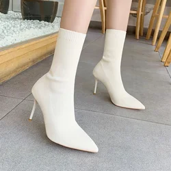 Women Boots Autumn and Winter Socks Knitted Boots Slim Heels Short Boot  Women's High Heels Ankle Boots for Women Ladies Shoes