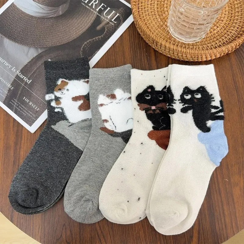 

1-4pairs Animal Pattern Socks Mid Calf Cotton Boneless Socks Breathable for Women Cat Comfortable Creative Gift Idea Cat Lovers