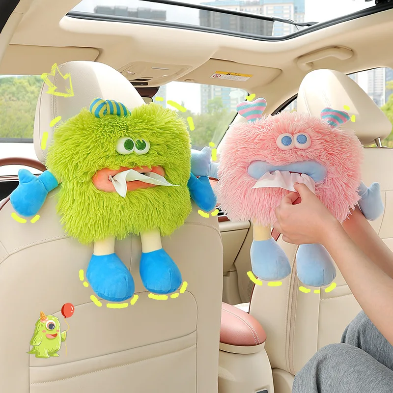 Cute Tissue case Cartoon Plush Little Monster Car Mounted Tissue Box Hanging Drawer Car Back Organizer Soft Tissue Holder