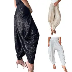 Glitter Harem Pants Womens Casual Hippy Loose Trousers Baggy Drop-crotch Solid Color Elastic Waist Fashion Mujer Pantalones New