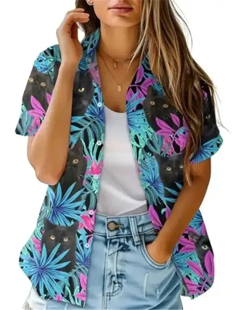 Mode d'été femmes Blouse artistique hawaïen palmier imprimé à manches courtes revers décontracté bouton chemise hauts femmes chemise hawaïenne