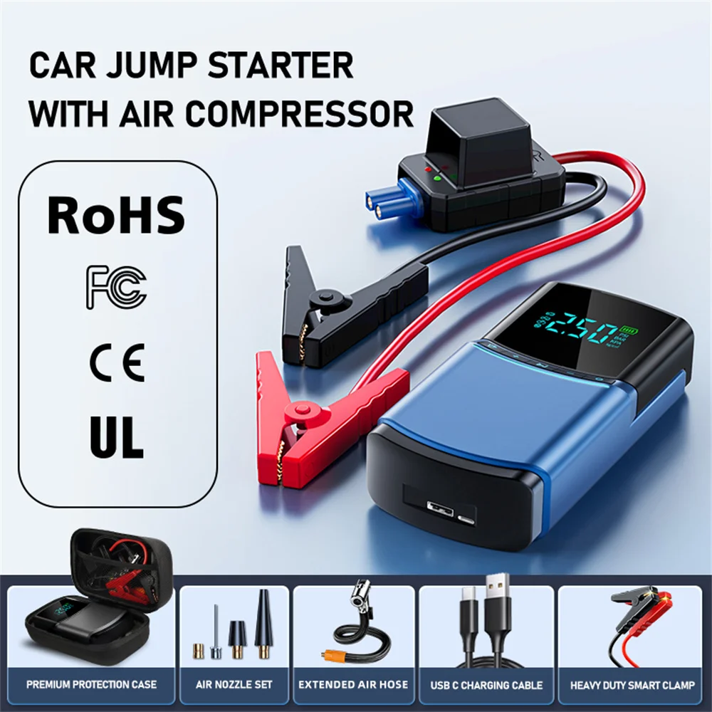 

Car Jump Starter Air Pump Power Bank Lighting Portable Air Compressor 4 In 1 Cars Battery Starters Starting Auto Tyre Inflator