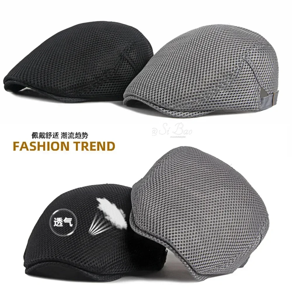 Sumemr Man Berets Mesh British Vintage Flat Caps Gatsby Male Solid Color Gray Black Spring Autumn Berets Adjustable Driver Hats