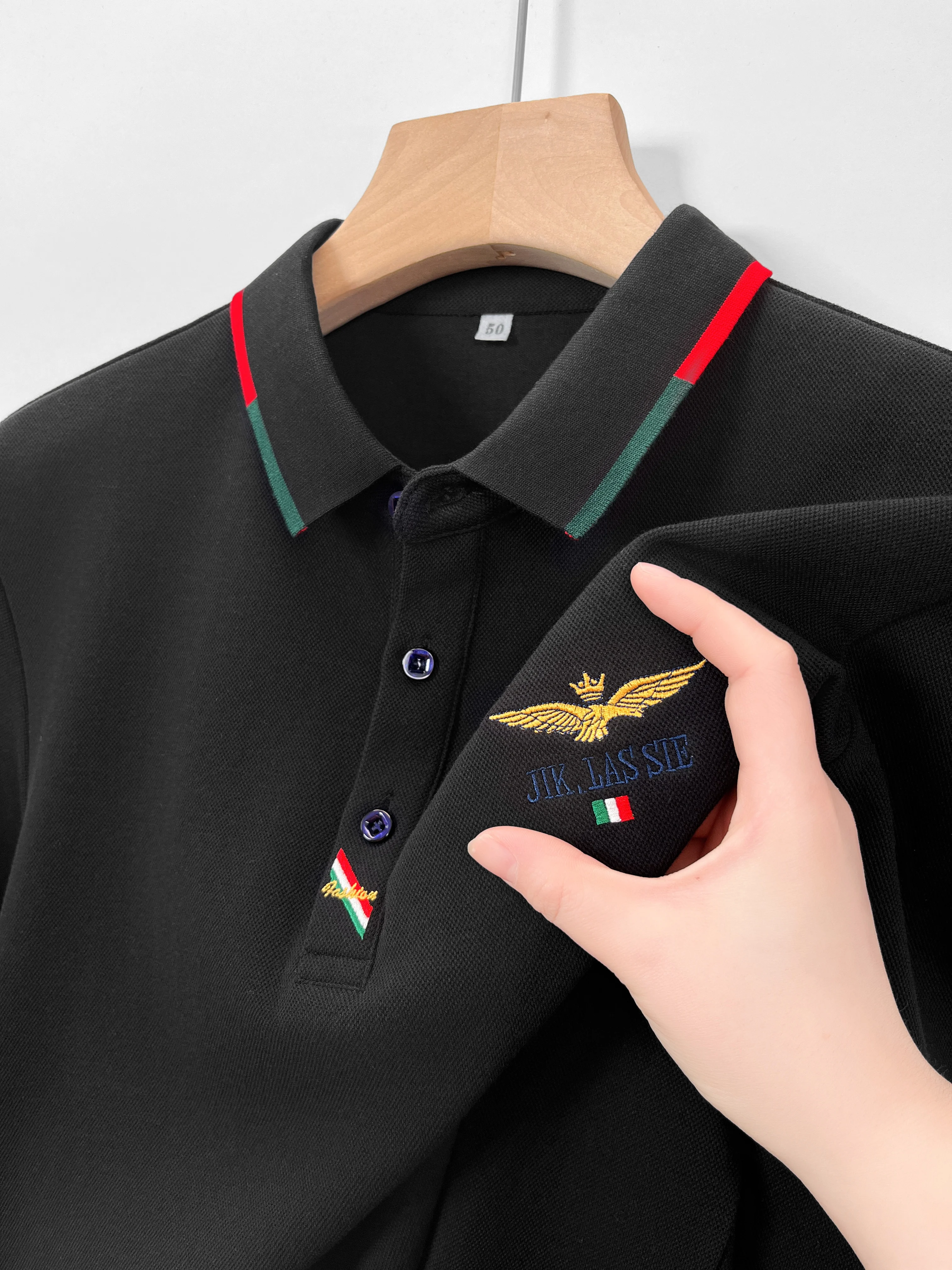 

100% хлопчатобумажные рубашки с длинными рукавами Рубашка Polo Осень Новый пункт Перевернутый воротник высоким качеством вышивки досуга Удобно футболки