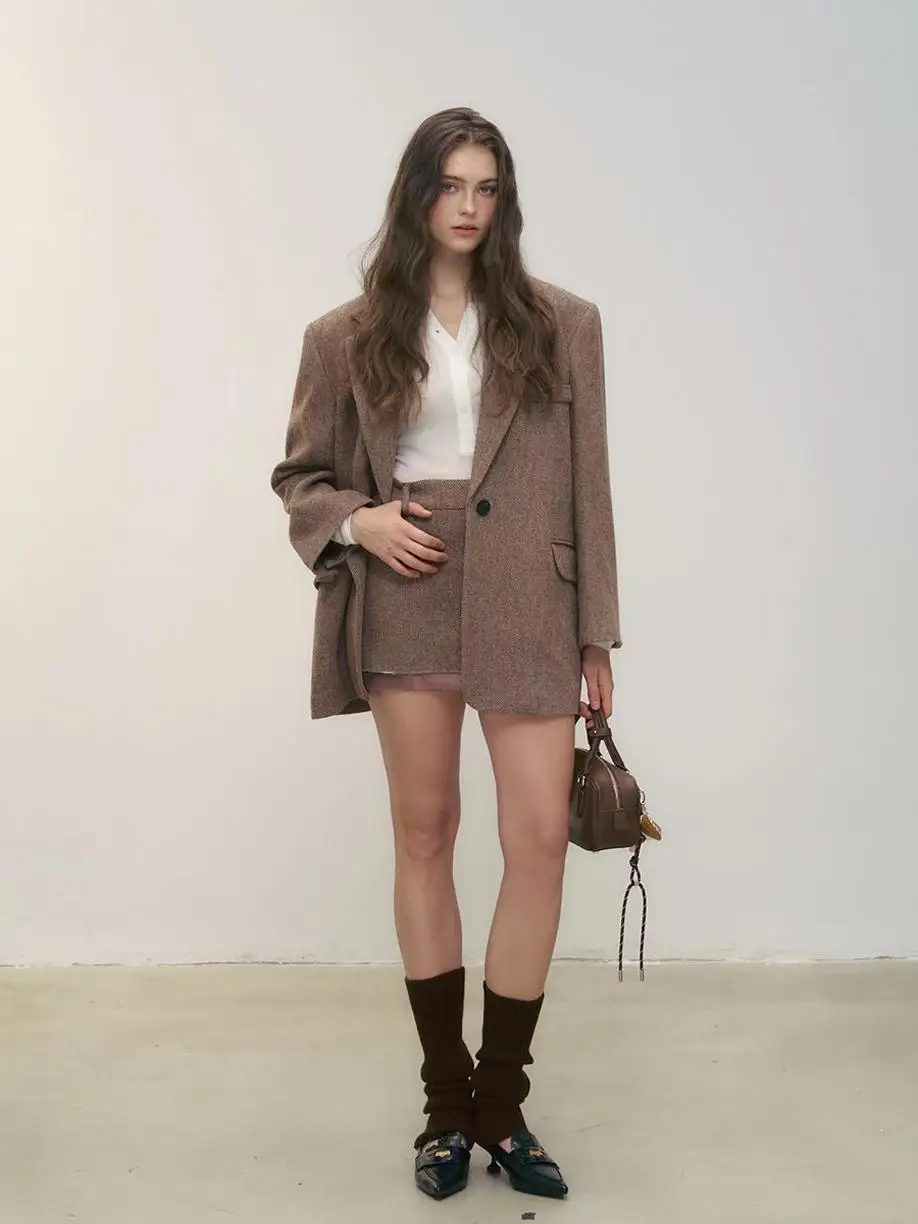 

Deesicile Lady's 00% Woolen Brown Loose Suit Jaet And Skirt Set Busin Commute Sle Faionable Women's Wear