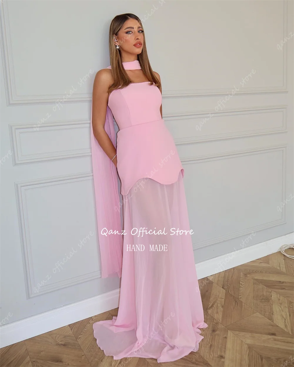 Qanz elegante rosa vestidos de baile sereia cetim e chiffon sereia vestido de noite ilusão vestido de gala noche mujer personalizado