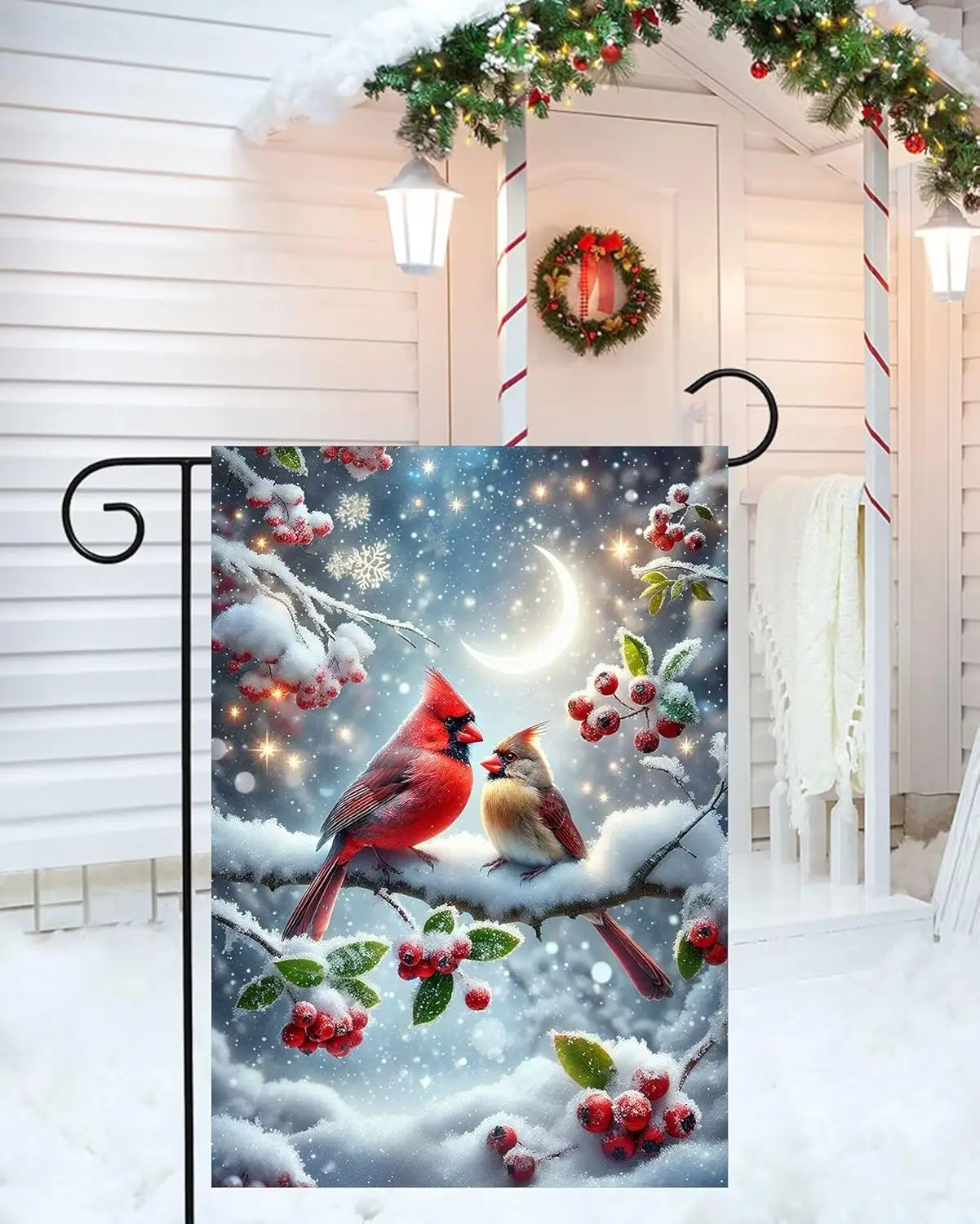 Cardinal Birds on Branch with Berries Moon Snowflakes Beautiful Winer Garden Yard Flag 12