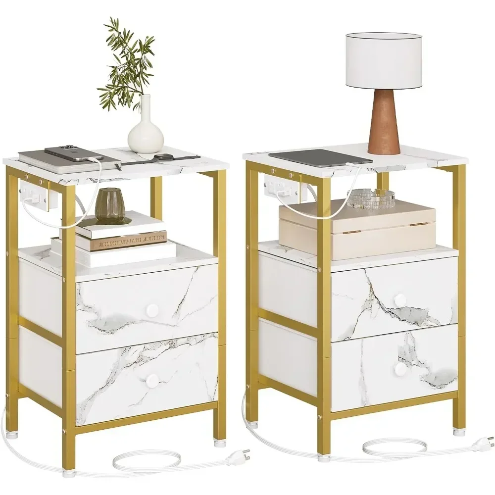 

Nightstands Set of 2, End Table with Charging Station and USB Ports, Side Tables with 2 Drawers and Storage Shelves