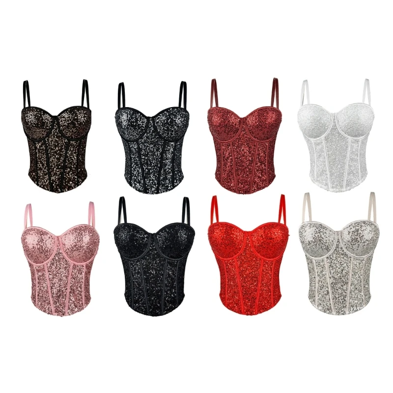 Sparkling Sequins Bustier Crop Top with Adjustable Straps for Women Strappy Push Up Sheer Mesh Corset Camisole Shapewear