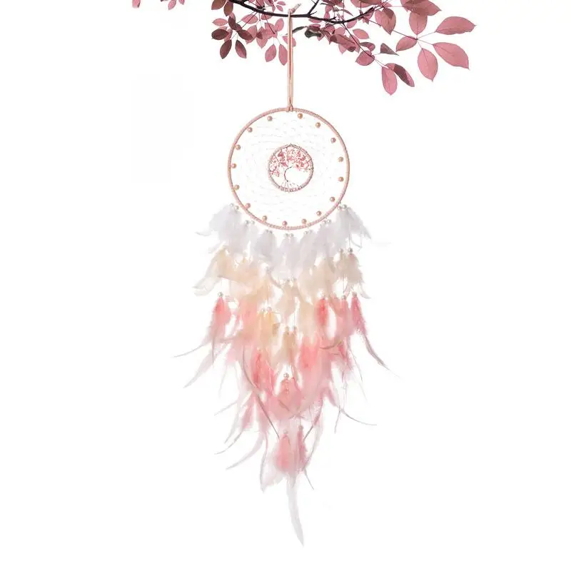 

Trees of Life Healing Crystal Dream Catcher Creative Pink Feather Dream Catcher Natural Broken Tree Of Life Feather Pendant