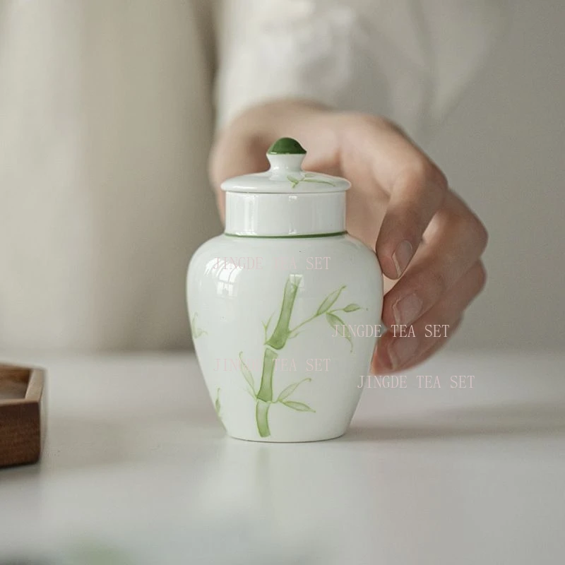 110ml hand drawn green bamboo ceramic portable tea can household small ceramic moisture-proof tea storage can