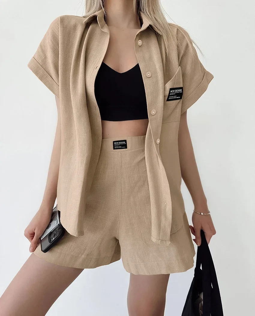 New Short Sleeve Shirt Coat Women's High Waist Shorts Set Casual Temperament Commuter European and American Style 2023