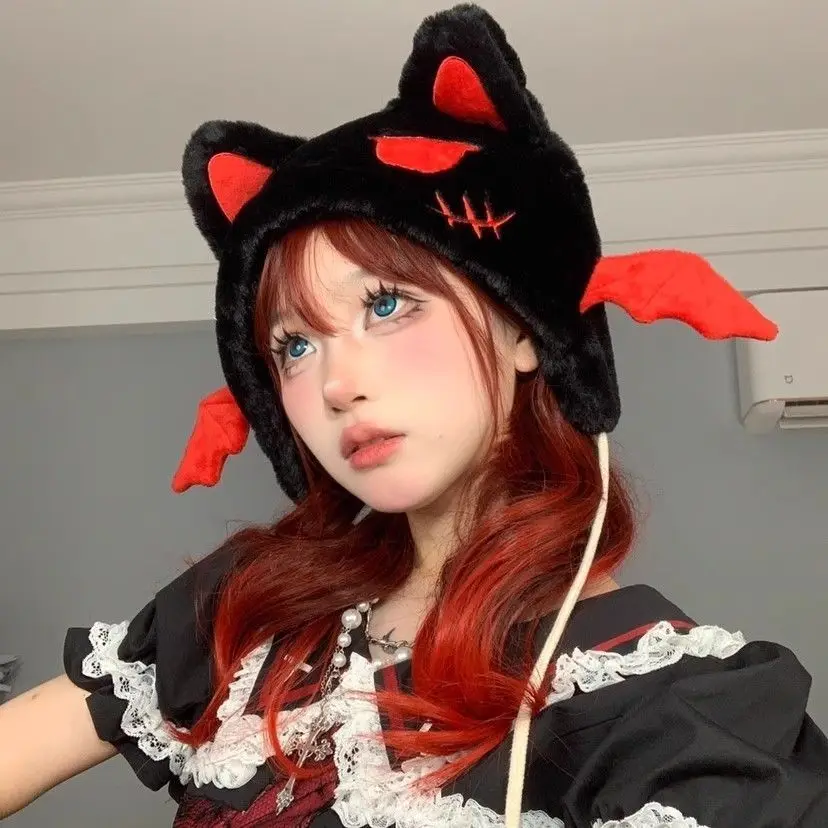 Kawaii اليابانية فتاة قبعة Harajuku القط الأذن قبعات Y2K القوطية الشرير الخريف الدافئة الدانتيل شيطان الجناح قبعة محبوكة الدفء قبعة صغيرة
