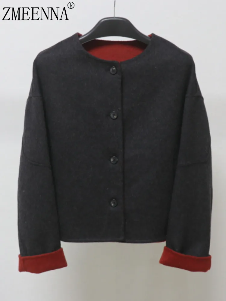 

ZMEENNA женская двусторонняя шерстяная куртка с круглым вырезом, однобортное короткое пальто, теплая верхняя одежда, зимняя мода ZM4179