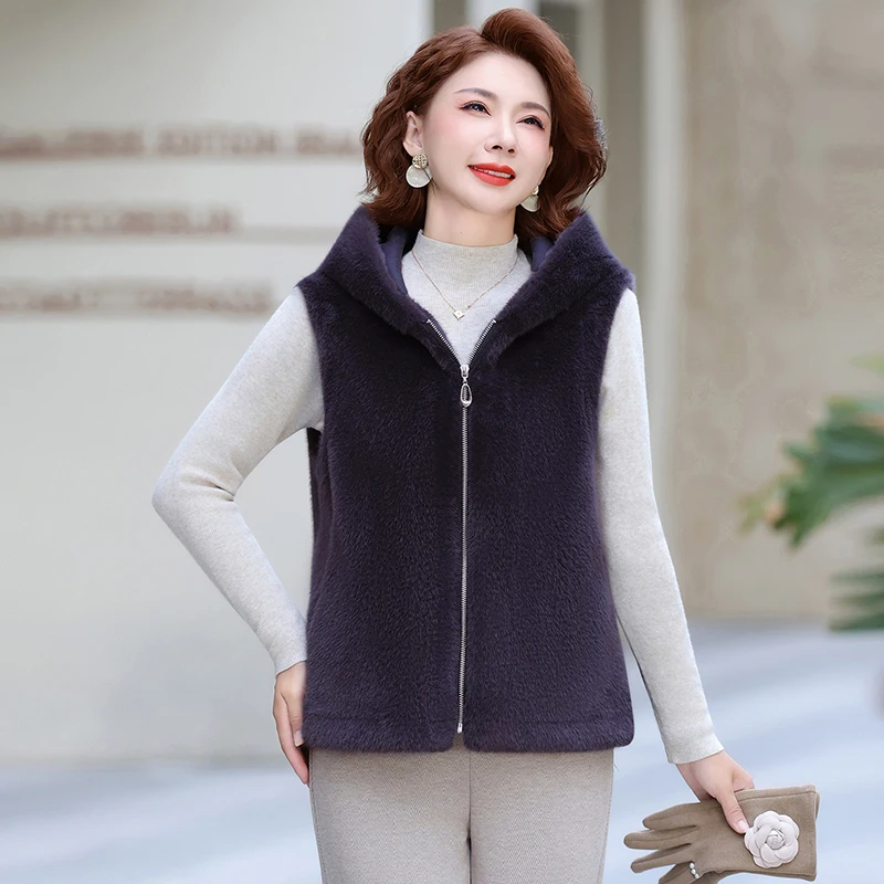 

Осенне-зимний жилет из кроличьего меха для женщин среднего возраста, модная верхняя одежда из кожи и меха