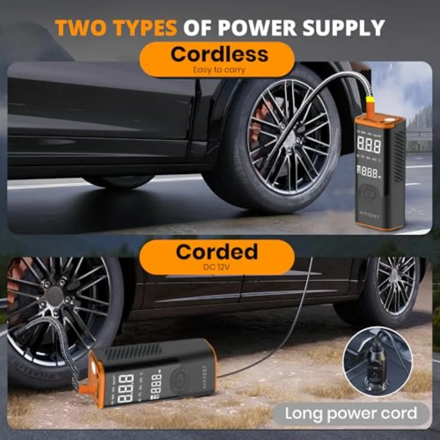 ضاغط هواء محمول لإطارات السيارات والدراجات النارية والمطاطية 4X نفخ أسرع حتى 150 رطل لكل بوصة مربعة تصميم لاسلكي مع أ