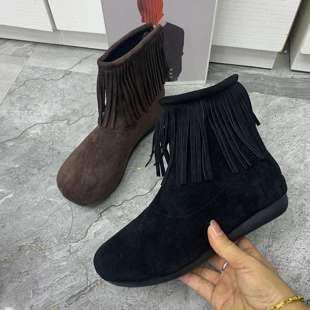 Winter Women Boots Tassels Ankel Boot Antislip Warm Fur Fashion Women Shoes Plus Size Casual Flat Boots  Plush Snpw Boots