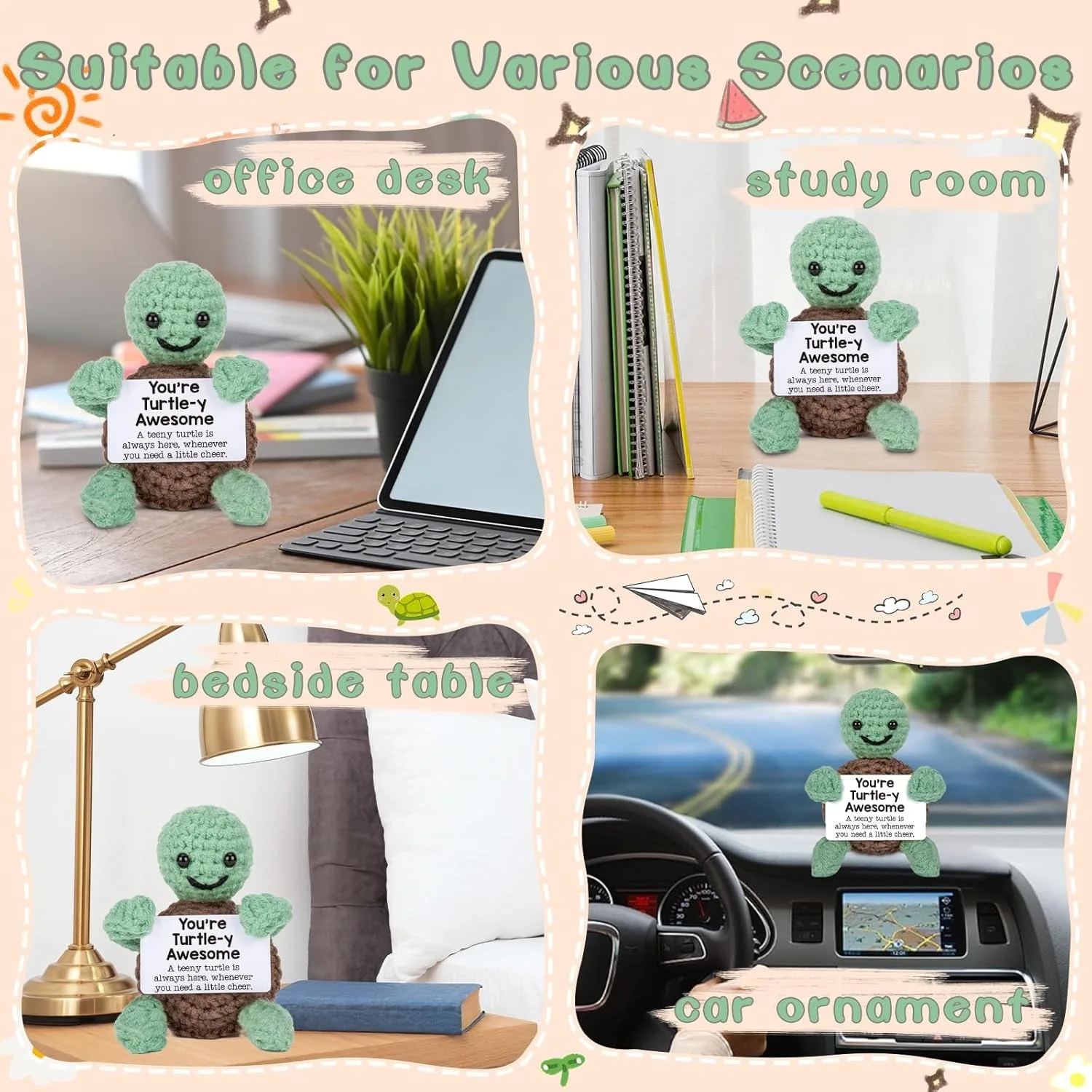 هدية عيد ميلاد صغيرة ممتعة على شكل سلحفاة، مناسبة للرجال والنساء لعيد الميلاد، أدوات ملهمة لطيفة على شكل حيوانات صغيرة، زينة سلحفاة كروشيه إيجابية عاطفية مصنوعة يدويًا، هدية حشو تخزين عيد الميلاد #6