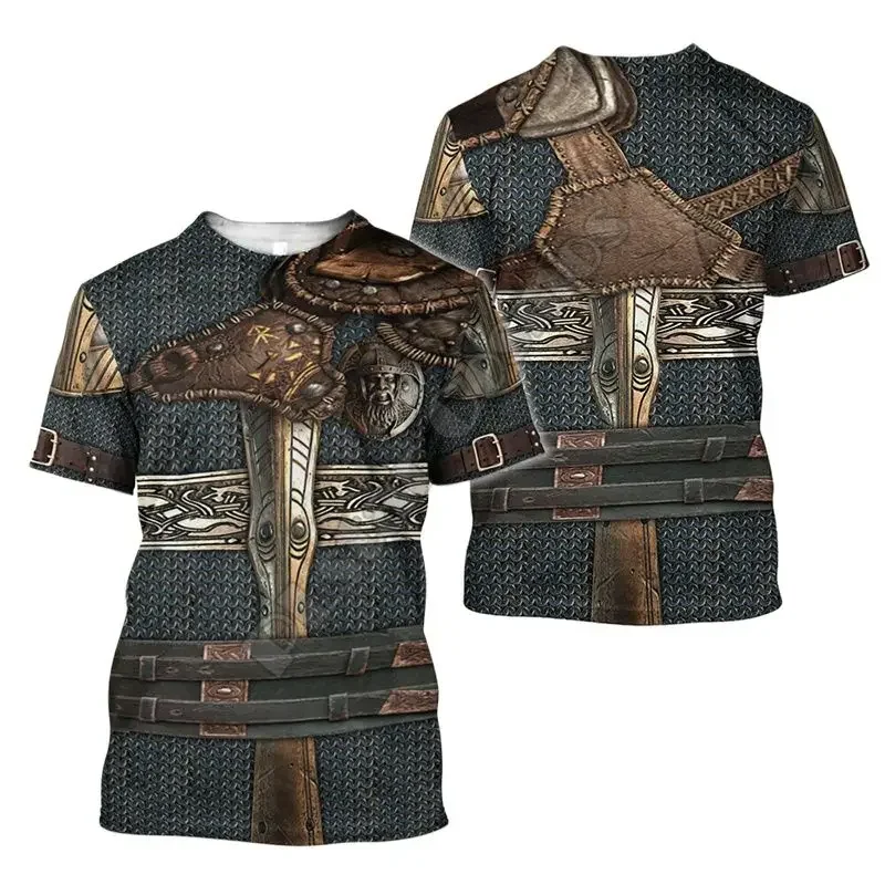 European Medieval Knight Style Summer Print Fashion New Men\'s Street Culture Casual Slim Retro 0 Collar Short Sleeve T-shirt Top
