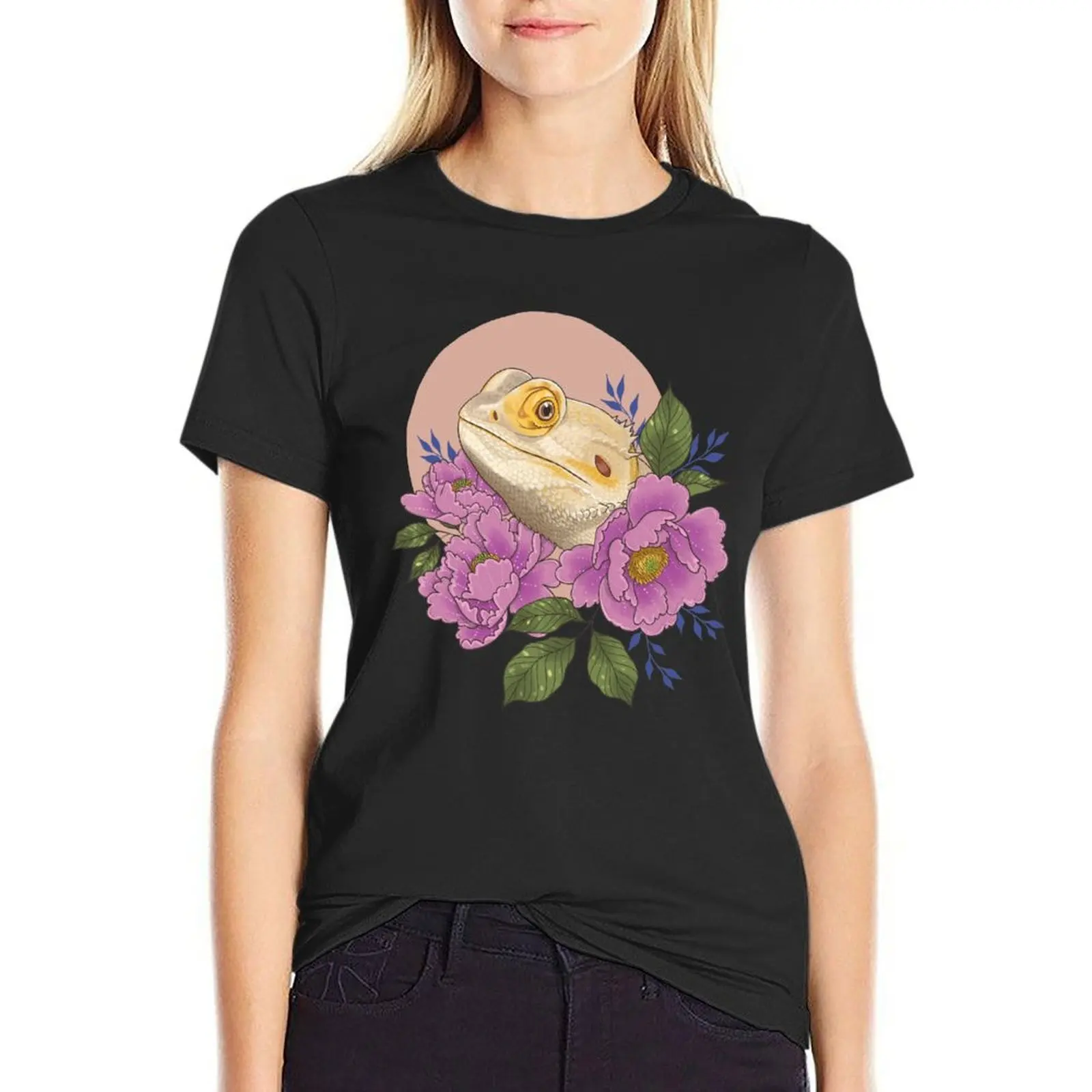 

Bearded Dragon with Peonies T-Shirt hippie clothes plus size tops oversized cute clothes T-shirt Women