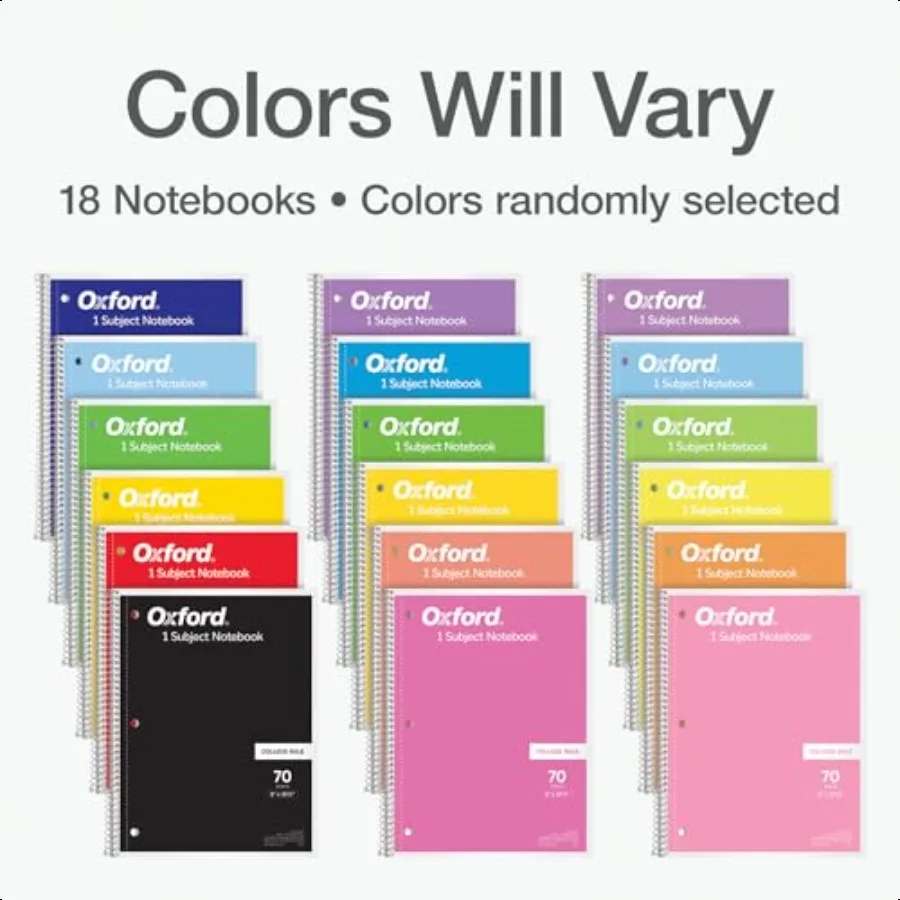 Spiral Notebooks 18 Count Bulk Pack 1 Subject College Ruled Notebooks for School 8 x 10.5 Inches 70 Sheets Assorted Colors Back