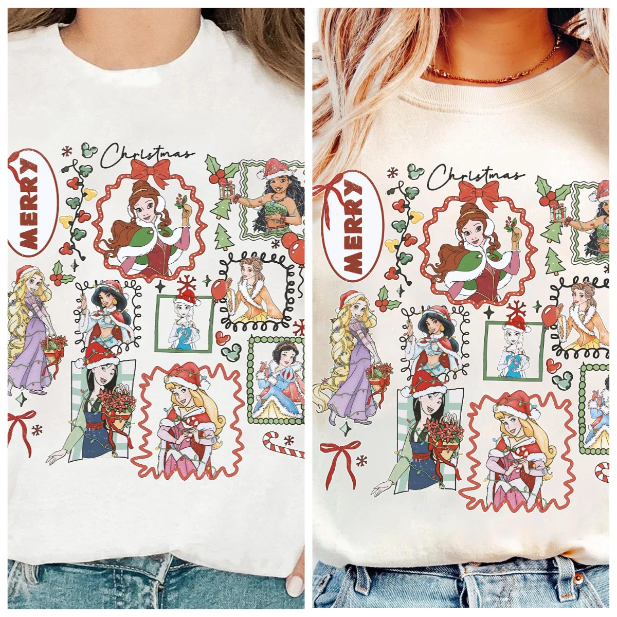 ديزني الأميرة عيد ميلاد سعيد كوكيت القوس تي شيرت ديزني الأميرة القلعة أضواء عيد الميلاد قميص، ارييل حسناء مولان سنو وايت #1