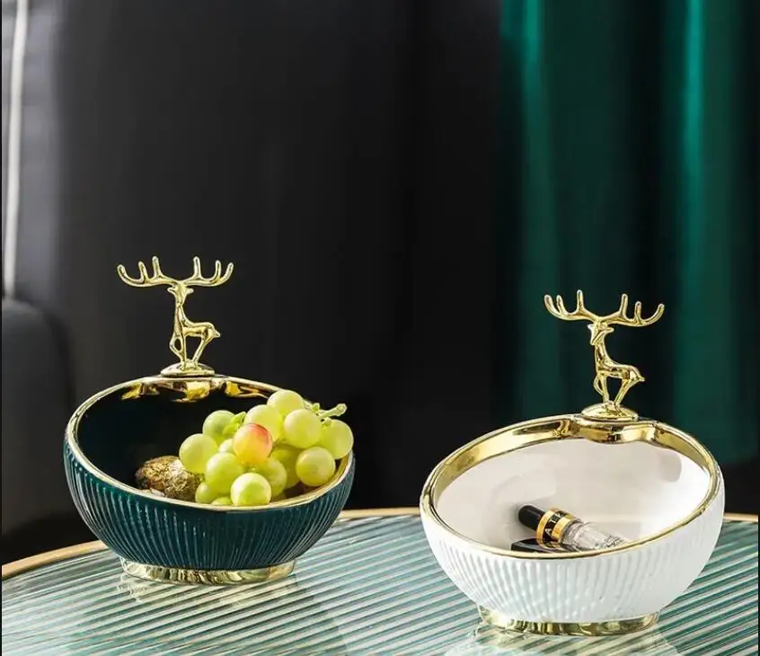 Golden Deer Decoration Ceramic Storage Container Fruit Plate Ashtray Home Living Room Jewelry Tray