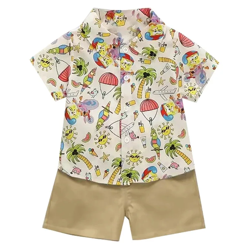 0-5-year-old baby summer short sleeved shorts set, beach style printed short sleeved shirt+casual pants two-piece set