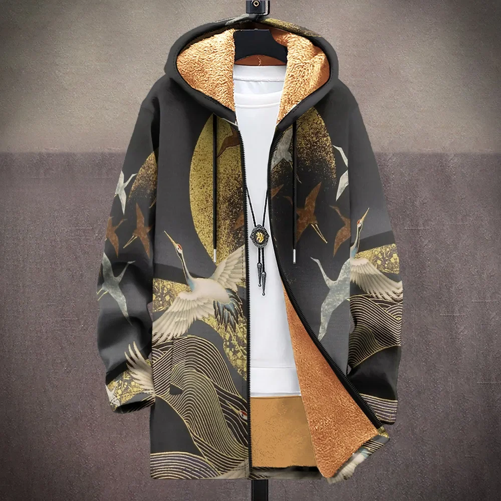 Men Cardigans Coats Flying Crane Pattern Art Graphics Printed Plush Thick Winter Jackets Casual Streetwear for Unisex Clothing