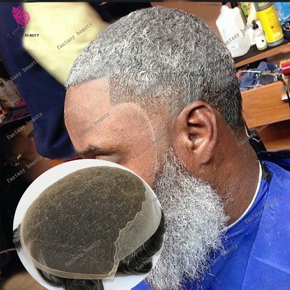 الأفرو 360 8 مللي متر موجة عميقة مجعد Q6 الشعر البشري سوبر دائم السويسري الدانتيل بولي Gray رمادي أسود الأمريكية الأفريقية موجات الرجال الشعر المستعار الاصطناعية