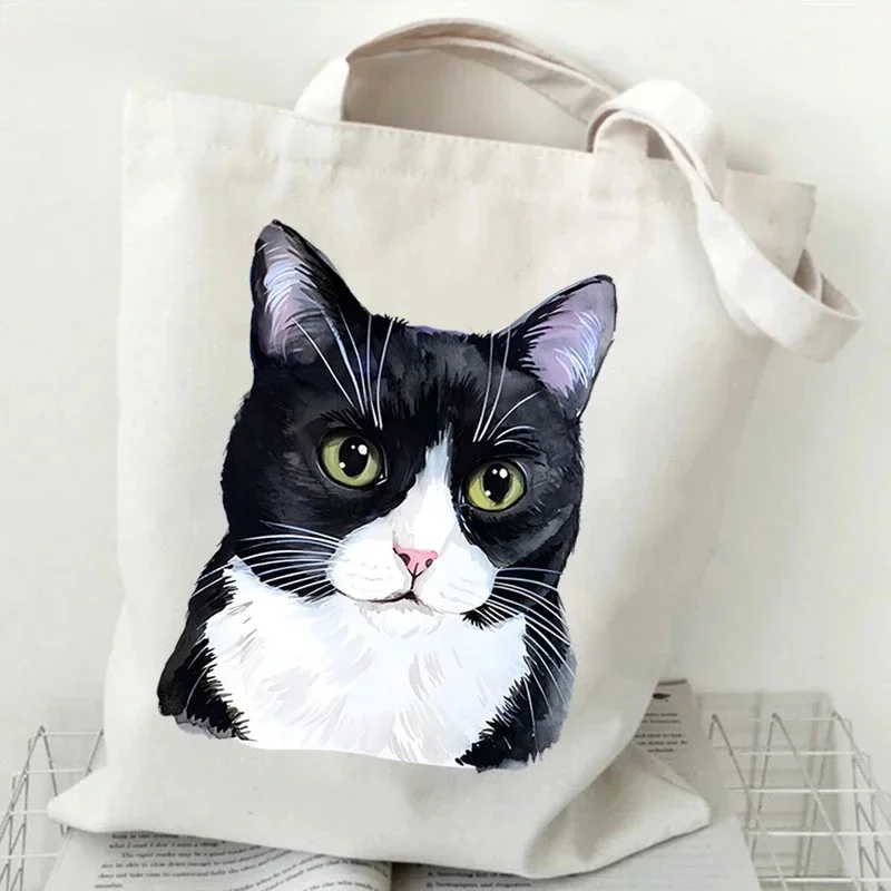 Lovely Pet Cat Graphic Canvas Tote Bag Mixed Kitten Pattern Reusable Large‑Capacity Casual Daily Shopping Shoulder Tote Bag