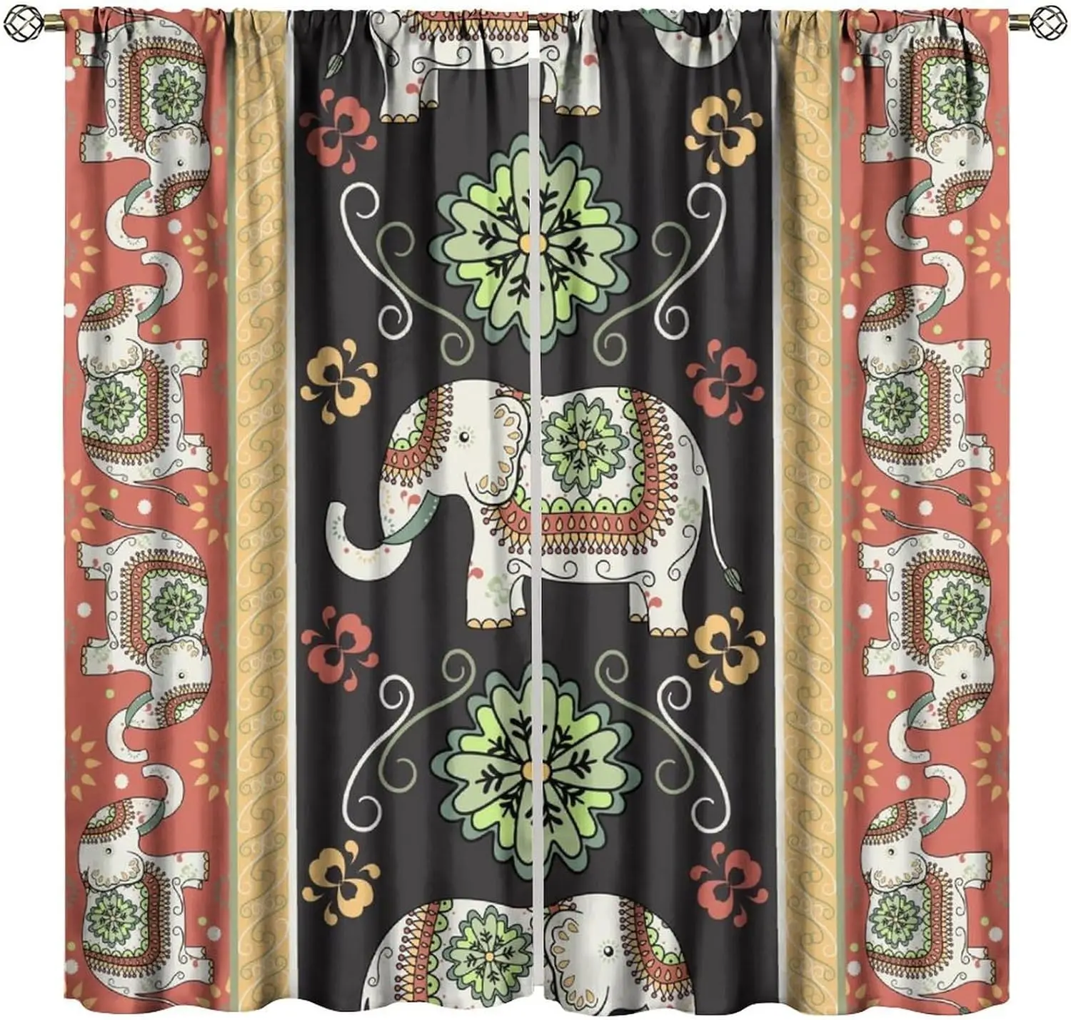 Rustic Farmhouse Bohemian Elephant Curtains, Country Elephants Ethnic Style Pattern Window Drapes, for Bedroom Living Room