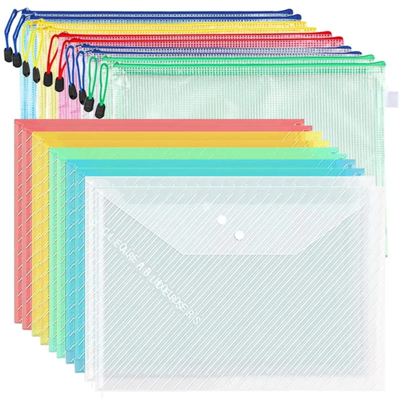 

1~5pcs File Bags A4 High-capacity Button Folder Grid Zipper Bag Household Products Office Supplies Student Paper Storage TMZ