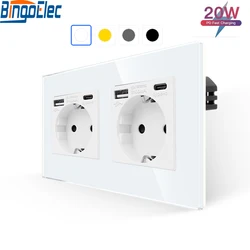 Bingoelec EU Standard Single Power Socket Crystal Panel 16A Double Wall Outlets Triple Type-C Plug Glass Quadruple Wall Sockets