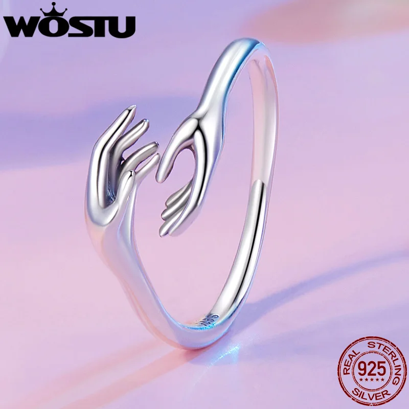 WOSTU 925 Sterling Silver Guardian Hand Hug Ring Infinite Love Opening Rings For Women Party Stackable Ring Fine Jewelry Gift