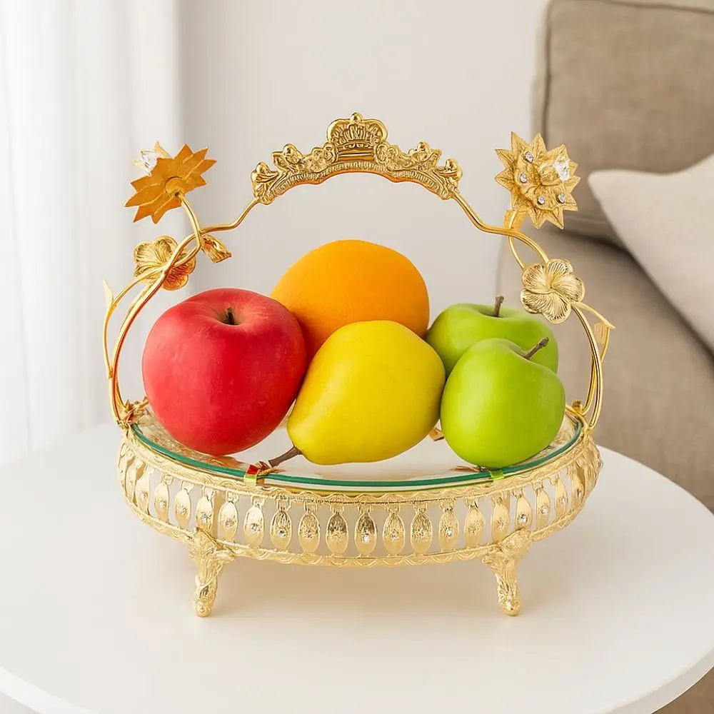 

Portable Handle Metal Fruit Plate European Style Golden Glass Retro Storage Basket Light Luxury Pastry Tray For Home Kitchen Bar