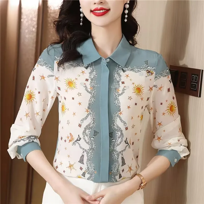 

Mulberry Real Silk Shirt WomenLong Sleeve Spring New Style Custom Print