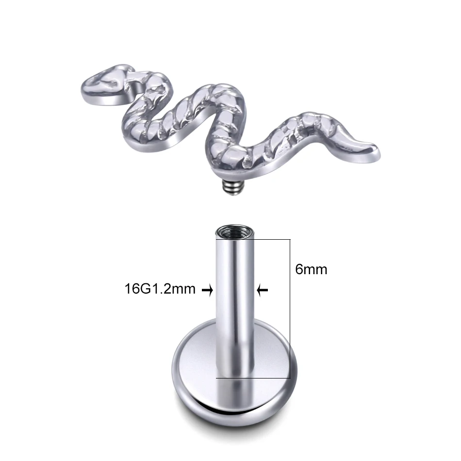 10pcs/lot Titanium Viper Snake CZ Labret Cartilage Stud Earring Flat Back Conch Helix Tragus Lip Piercings Sexy Jewelry 16G