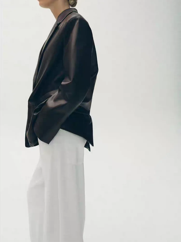 Faionable Loose Long Sve Leather Effect Suit Jaet Women's Casual Sle Autumn New Arrival Button Closure Coat