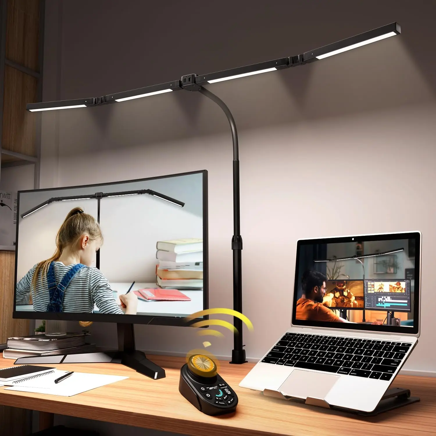 

Adjustable LED Desk Lamp with Stepless Dimming, Remote Control, and Eye-Caring Light for Home Office Use