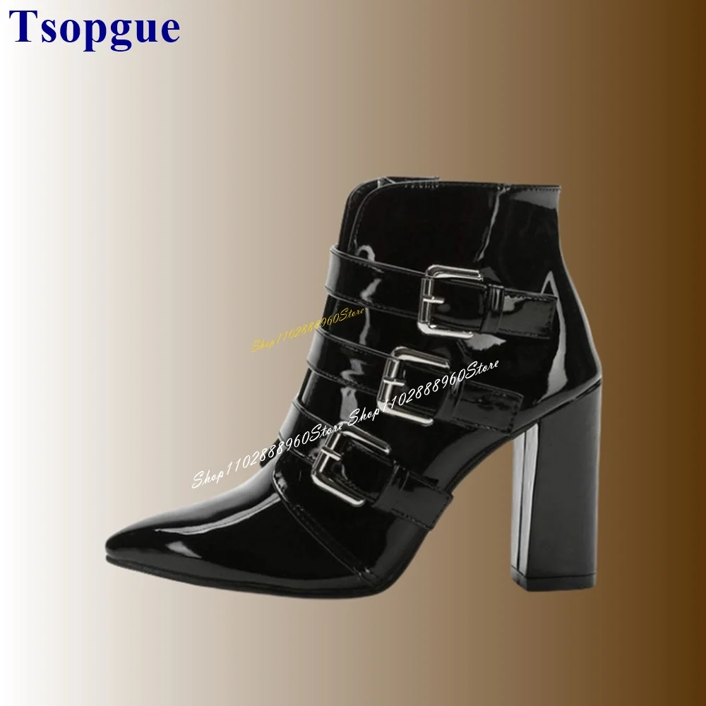 

Black Patent Leather Buckle Ankle Strap Boots Chunky High Heel Shoes For Women Side Zipper Pointed Toe 2024 Zapatos Para Mujere