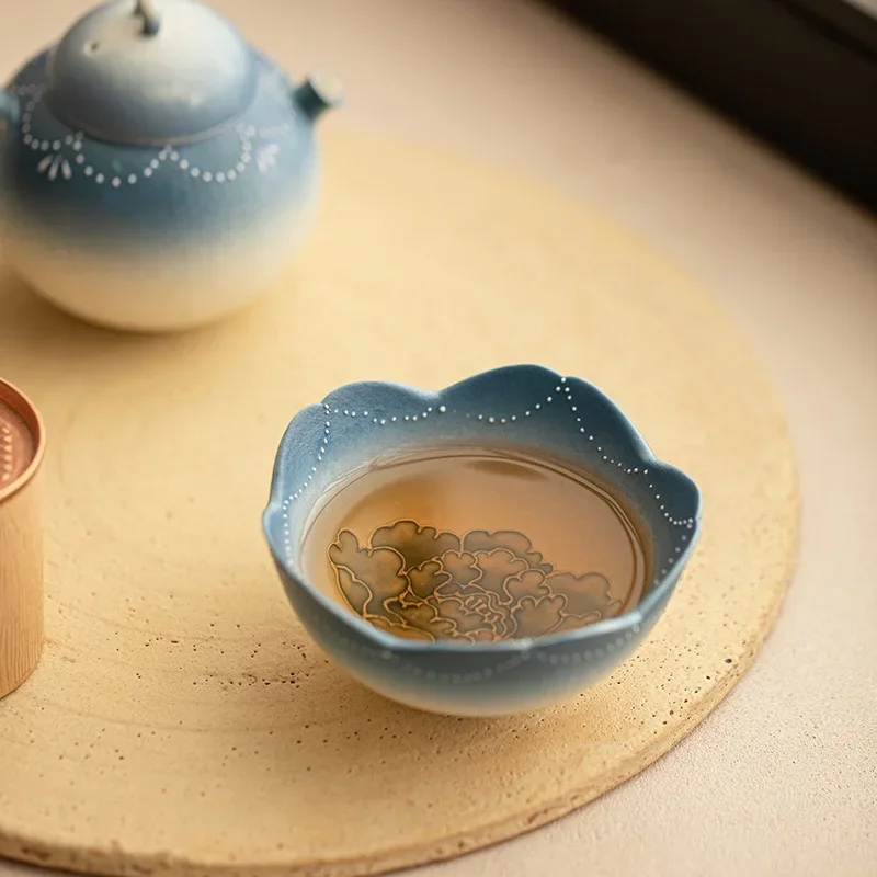 Jingdezhen Rock Mine White Hand-painted Pile Carving Gradual Change Teacup National Style Peony Master Cup Flower Mouth TeaCup