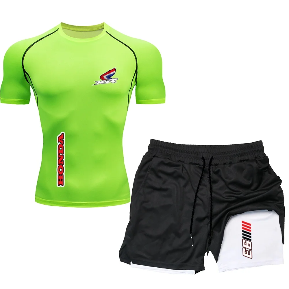 Summer Quick Drying Exercise Suit Men's And Women's Tight Short Sleeved T-Shirt+Shorts Gym Running Training Compression Suit