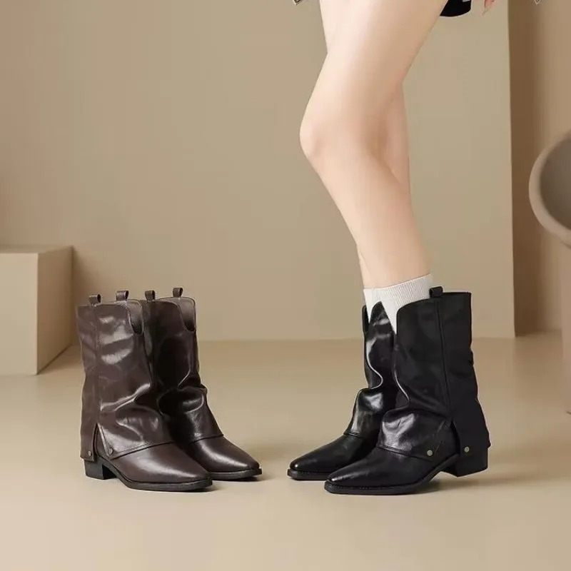 

Vintage Pointed Toe Mid Calf Western Boots Women Low Heel Riding Botas Sexy Pleated Silp on Spring Autumn Short Botines Shoes